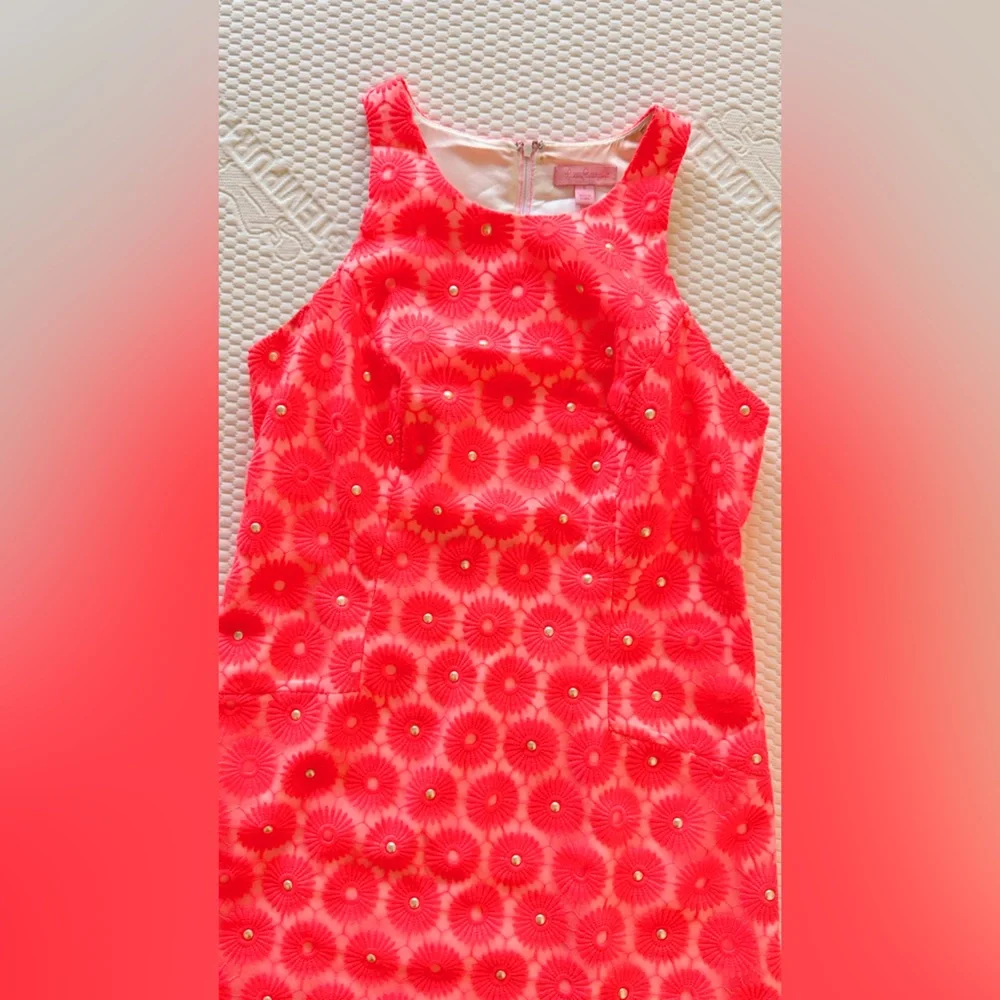 LILLY PULITZER Neon Pink Floral Pinwheel Lace & Pearl Mini Shift Dress